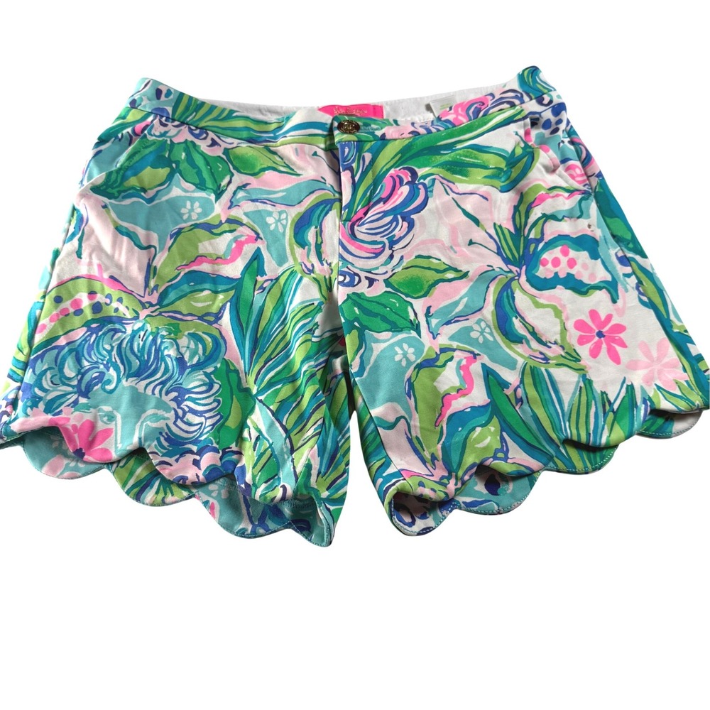 Lilly Pulitzer Darci Knit Stretch Shorts Kitten Around Floral Scallop Size 6